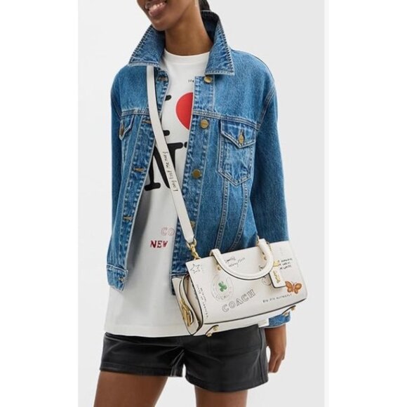 NEW!! Coach Rogue 25 Tote Bag With Dinosaur & Lucky Drawings In Chalk White Leat - Picture 9 of 11